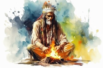 Watercolor art of a Native American shaman with ceremonial headdress by a fire under the night sky. Tribal leader. Concept of indigenous culture, traditional ritual, native attire, spiritual ceremony