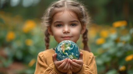 A young girl environmentalist holding the planet earth, save world concept, generative ai
