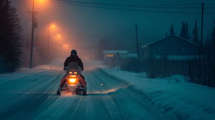 Fotobehang Closeup of snowmobiler driving down a street at night in a Northern Community © aimired