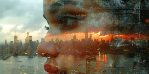 Serene Contemplation: A Womans Silhouette Overlaid on a Fiery Cityscape at Sunset, Merging Urban Beauty with Twilight Serenity, Generative AI