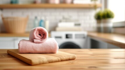 A whimsical touch of domesticity as a miniature towel rests on a wooden cutting board, adding a playful element to the kitchen decor