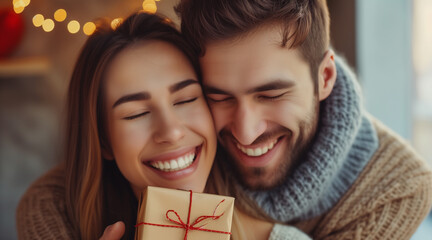 Young couple celebrating their special date. Woman giving present to her boyfriend on anniversary or St Valentines Day. Happy man thanking his girlfriend for cute Valentine gift