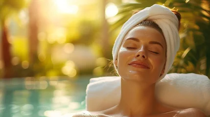 Badkamer foto achterwand Massagesalon Caucasian woman customer enjoying relaxing anti-stress spa massage and pampering with beauty skin recreation leisure, generative ai