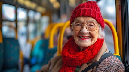 Joyful Senior Woman Enjoying a Bus Ride - Elderly Passenger with a Contagious Smile Reflecting Happiness in Transit