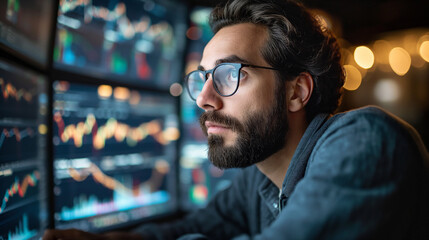 A side view of a trader analyst at the desktop, analyzing financial chart, stock quotes, share prices, trading online, checking data on cryptocurrency graph on computer screen, making notes
