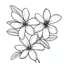 Plumeria flowers in continuous line art drawing style. Minimalist black line sketch on white background