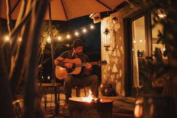 Musician performing unplugged sets in an intimate outdoor setting