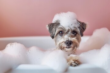 A fluffy terrier puppy enjoys a luxurious bubble bath, pampered and content as a beloved indoor companion