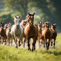 A herd of horses gallops along a country road. Generated by artificial intelligence
