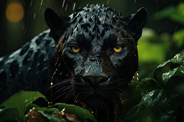 Portrait of a black panther, leopard with yellow eyes in the jungle. Generated by artificial intelligence