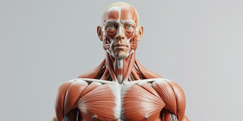 Human muscular system, face and chest muscles, human anatomy, illustrations, background.