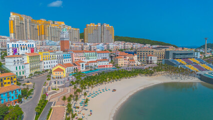 Fototapeta premium Aerial view of Sunset ghost town in Phu Quoc island, Vietnam. Fast being developed European city copy. Amazing future resort, Kien Giang province