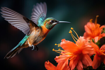 Fototapeta premium The hummingbird bird drinks nectar from flowers. Generated by artificial intelligence