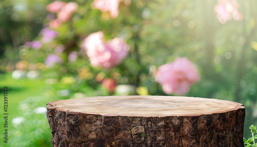 Poster empty old tree stump table top with blur rose garden background for product display template, mock u