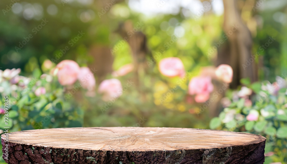Poster empty old tree stump table top with blur rose garden background for product display template, mock u