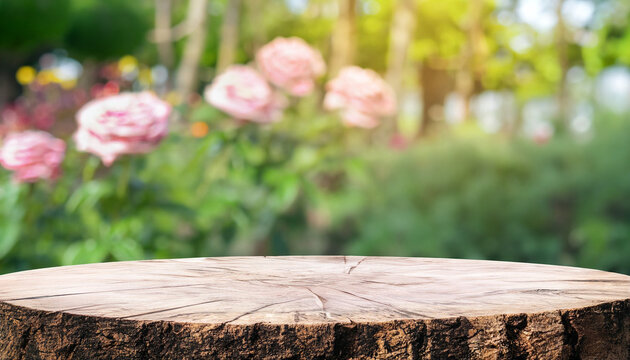 Empty old tree stump table top with blur rose garden background for product display template, mock up, panoramic image