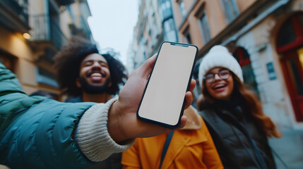 Hand holding showing an isolated smartphone device with blank empty white screen with happiness smiling laughing young people friends, social communication technology concept - obrazy, fototapety, plakaty