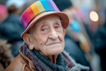 The photograph features a portrait of an individual at a gay pride parade. The person is captured in a celebratory and vibrant atmosphere, surrounded by symbols of LGBTQ+ pride. In the background