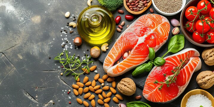 Mediterranean healthy food ,healthy lifestyle ,salmon ,spices ,olive oil ,template ,background.