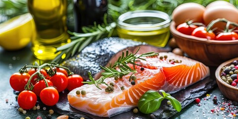 Mediterranean healthy food ,healthy lifestyle ,salmon ,spices ,olive oil ,template ,background.