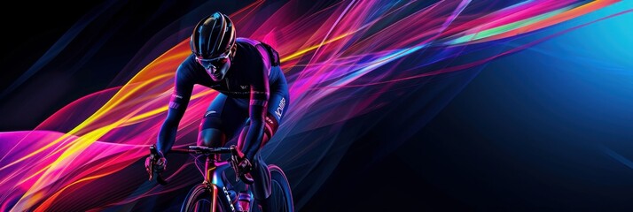 Creative artwork. Man, professional cyclist training, riding on black background with polygonal and fluid neon elements. Concept of sport, activity, creativity, energy. Copy space for art, text 