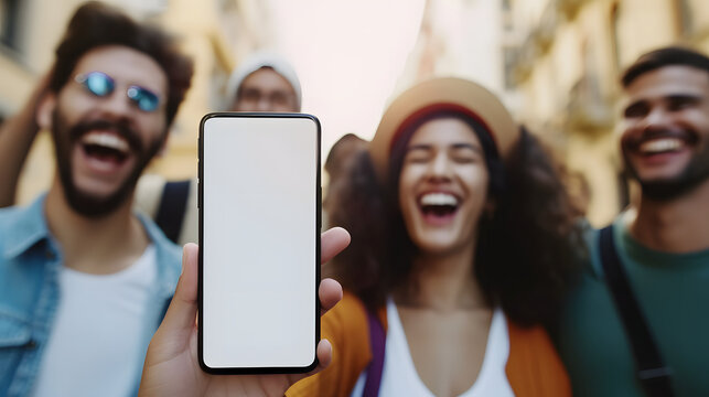 Hand holding showing an isolated smartphone device with blank empty white screen with happiness smiling laughing young people friends, social communication technology concept