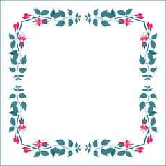 Green ornamental frame with fuchsia flowers, decorative border, corners for greeting cards, banners, business cards, invitations, menus. Isolated vector illustration.	
