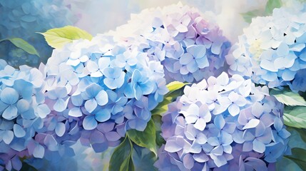 Impressionist style hydrangea flowers painting style. Beutiful light blue and light purple Hydrangea flowers in full bloom, in the garden. - Powered by Adobe