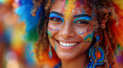 A vibrant and joyful girl with festive face paint and a radiant smile celebrating at a carnival. Woman with Colorful Carnival Face Paint