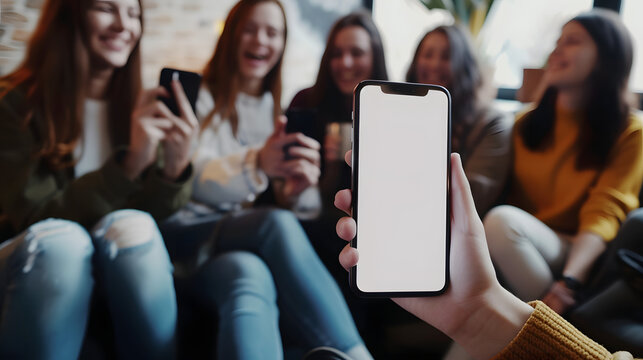 Hand holding showing an isolated smartphone device with blank empty white screen with happiness smiling laughing young people friends, social communication technology concept
