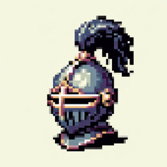 Pixel art illustration of a medieval plumed helmet, vector design on light background - Medieval game asset 
