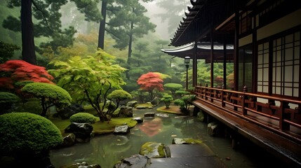 Japanese garden in the rain.  - obrazy, fototapety, plakaty