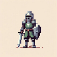 Pixel art illustration of a medieval Knight in armor, vector design on light background