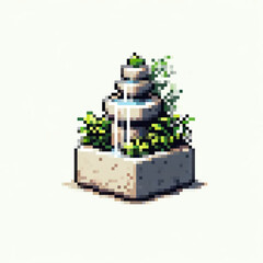 Pixel art illustration of a Zen fountain, vector design on white background