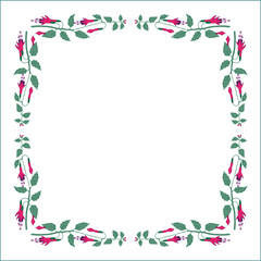 Green ornamental frame with fuchsia flowers, decorative border, corners for greeting cards, banners, business cards, invitations, menus. Isolated vector illustration.	
