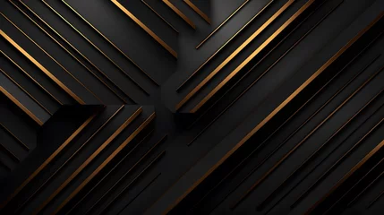 Deurstickers Luxury abstract black metal background with golden light lines. Dark 3d geometric texture illustration. Bright grid pattern. © Ziyan