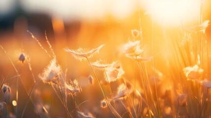 Meadow grass flower with dewdrops in the morning with golden sunrise sky. Selective focus on grass flower on blur bokeh background of yellow and orange sunshine. Grass field with sunrise sky. 
