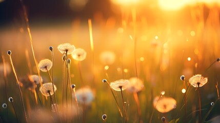 Meadow grass flower with dewdrops in the morning with golden sunrise sky. Selective focus on grass flower on blur bokeh background of yellow and orange sunshine. Grass field with sunrise sky. 
