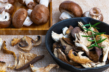 dried different organic mushrooms on burlap background. Autumn food.