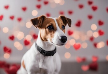Jack Russell brown and white dog portrait with Valentine hearts behind