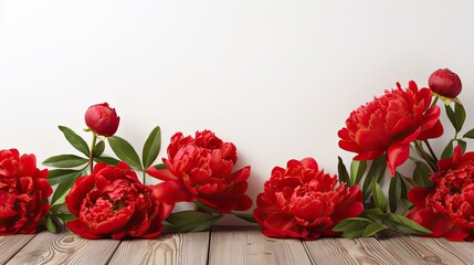 red peonies on a white wood texture, offering a backdrop for text and copy space, rendered with hyperrealistic precision and enhanced by a subtle depth of field for added depth and dimension.