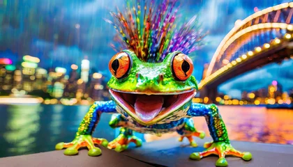 Poster colourful big eye frog with punk hair and cool sun glasses cartoon looking jumping on footpath © Elias Bitar
