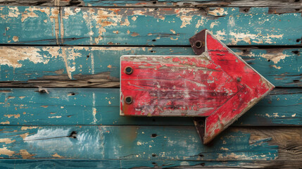 Vintage red arrow sign on a teal wooden background, showing direction.
