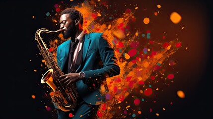 the World Jazz Festival with a dynamic photograph of a saxophonist musician passionately playing the saxophone on stage, surrounded by the energy and excitement of the fest. - obrazy, fototapety, plakaty