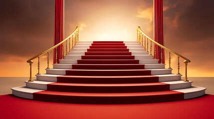 Fototapeta premium Red carpet staircase with smoke and spotlights, holiday awards ceremony event