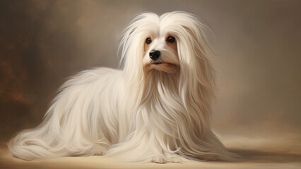 A white long haired dog with a thoughtful expression sits on a brown minimal backdrop, beautiful animal concept