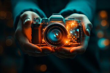 Primer plano de unas manos sujetando una cámara de fotos de aspecto futurista, con mucho detalle y luz naranja y azul. - obrazy, fototapety, plakaty