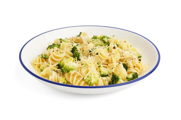 Delicious fusilli pasta with broccoli and cheese in bowl on white background