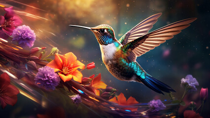 A hummingbird in flight surrounded by vibrant flowers, magic birds concept - obrazy, fototapety, plakaty