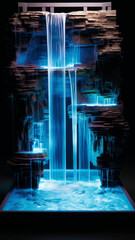 An artificial waterfall with blue neon lights cascades down a layered rock structure into a serene pool